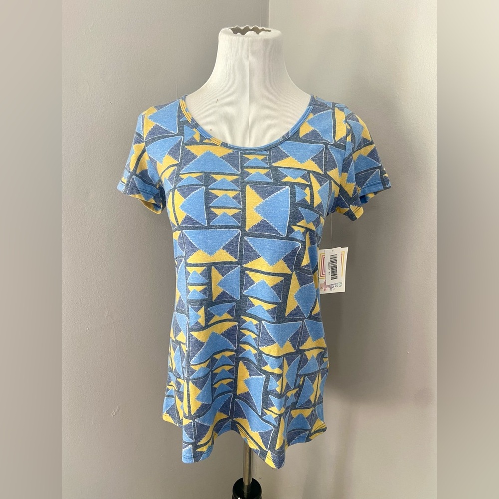 LuLaRoe Classic T Shirt NWT Blue and Yellow Geometric